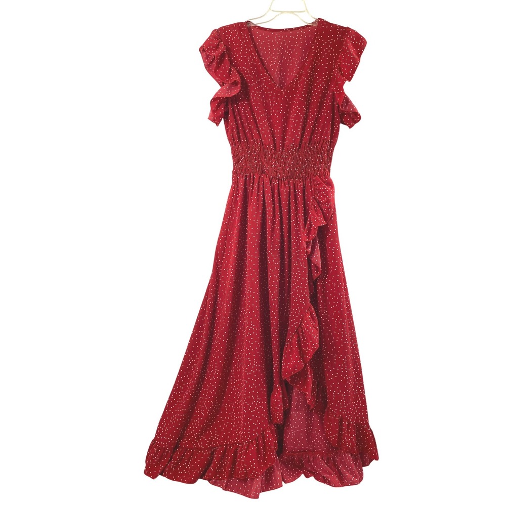 Womens Red Polka Dot Maxi Dress Size 6 Cottagecore V-Neck Smocked Waist Feminine
